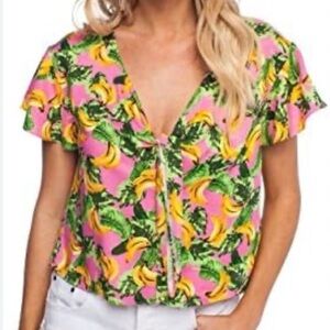 BuddyLove Banana Havana Tie Front V-Neck Flutter Sleeve Button Up Top -‎ Medium